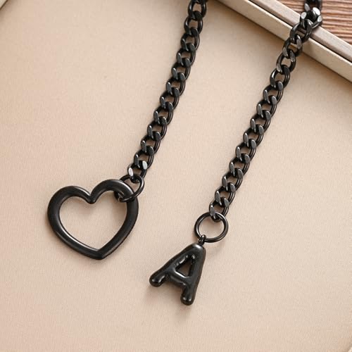 sroyte Black Heart Slip Chain Initial Necklaces for Women,Stainless Steel O-Ring Adjustable Lariat Heart Y-Necklace,Punk Gothic Cuban Collar Choker Necklace for women - color: Black A