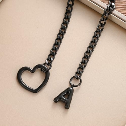 sroyte Black Heart Slip Chain Initial Necklaces for Women,Stainless Steel O-Ring Adjustable Lariat Heart Y-Necklace,Punk Gothic Cuban Collar Choker Necklace for women - color: Black A