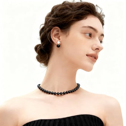SukAmi 4-10mm Pearl Choker Men Black Pearl Necklace Women Faux Pearl Necklaces 45CM - size: 10mm