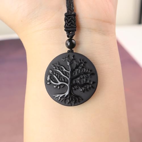 Anjiucc Natural Gemstone Tree of Life Black Obsidian/Golden Obsidian Pendant Necklace for Male and Female Necklace - color: Black obsidian
