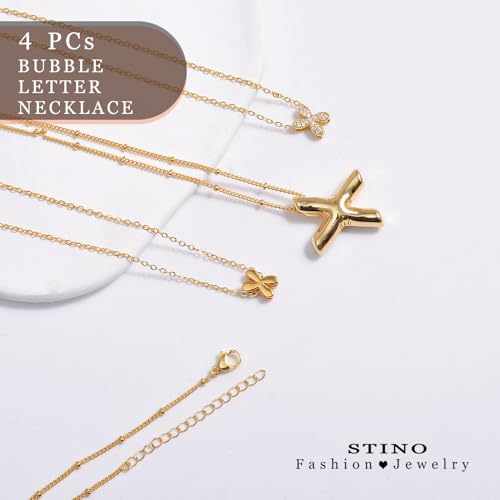 stino 4PCs Bubble Initial Letter Necklace Set, No Tarnish 14K Gold Plated Alphabet Pendant, Jewelry for Women - style: X