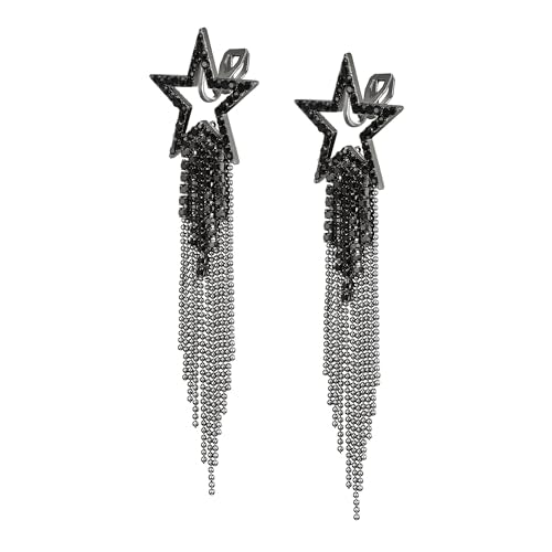 EVER FAITH Crystal Long Waterfall Star Tassel Clip-on Earrings for Women | Rhinestone Beaded Fringe Chandelier Dangle Statement Earring, Wedding Party Jewelry - color: Black Black-Tone