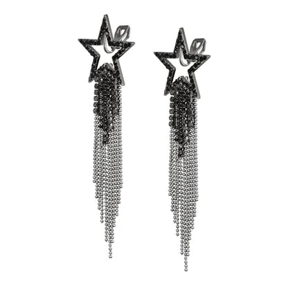 EVER FAITH Crystal Long Waterfall Star Tassel Clip-on Earrings for Women | Rhinestone Beaded Fringe Chandelier Dangle Statement Earring, Wedding Party Jewelry - color: Black Black-Tone