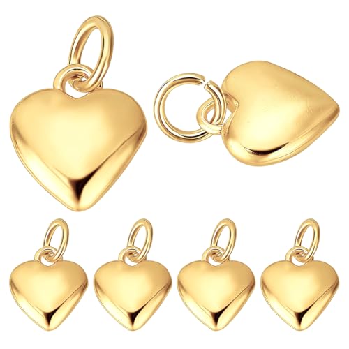 Beebeecraft 10Pcs Tiny Gold Heart Charms 24K Gold Plated Brass Puffy Heart Charms Valentine Hearts Charm for Jewelry Making DIY Crafts Dangle Earring Bracelet Supplies - color: Gold
