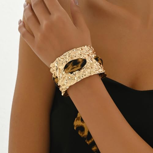 Chunky Gold Hammered Bracelets for Women, Leopard Print Scarf Big Golden Stainless Steel Cuff Bangle Silk Styling Charm Stackable Statement Jewelry Gifts - color: Small size -2.1cm