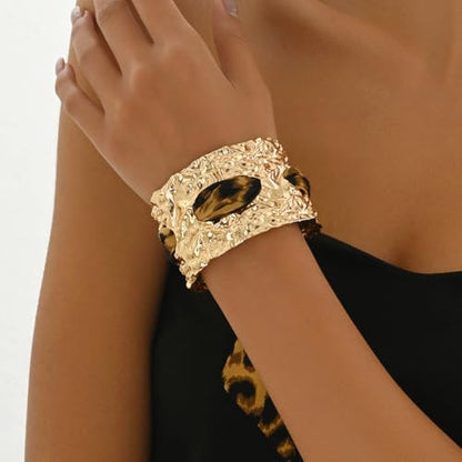 Chunky Gold Hammered Bracelets for Women, Leopard Print Scarf Big Golden Stainless Steel Cuff Bangle Silk Styling Charm Stackable Statement Jewelry Gifts - color: Medium -3.5cm