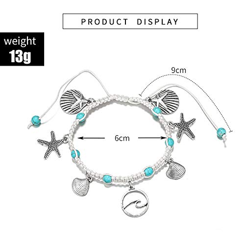 Softones Blue Starfish Turtle Anklet Multilayer Charm Beads Sea Handmade Boho Anklet Foot Jewelry for Women - style: L:Shell Wave Starfish