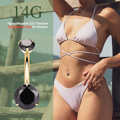 FUNLMO 14G Belly Button Ring Titanium Belly Button Piercing Belly Ring Internally Threaded Navel Piercing Jewelry - color: Gold-Black CZ