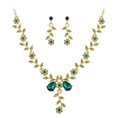 Kamirola Women's Wedding Jewelry Leaf Cluster Flower Crystal Dangle Earrings Pendant Necklace Set for BridalCrystal Bridal Jewelry Set - color: Gold & Green