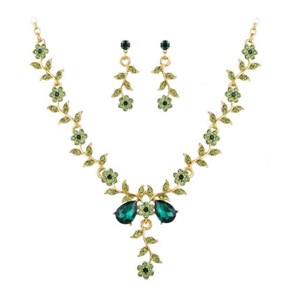 Kamirola Women's Wedding Jewelry Leaf Cluster Flower Crystal Dangle Earrings Pendant Necklace Set for BridalCrystal Bridal Jewelry Set - color: Gold & Green