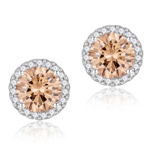 YOMELA Round Cubic Zirconia Stud Earrings for Women | Everyday Dainty, Diamond-Like Brilliance, CZ Halo Birthstone Studs, Hypoallergenic & Lightweight, Elegant & Versatile - color: Champagne