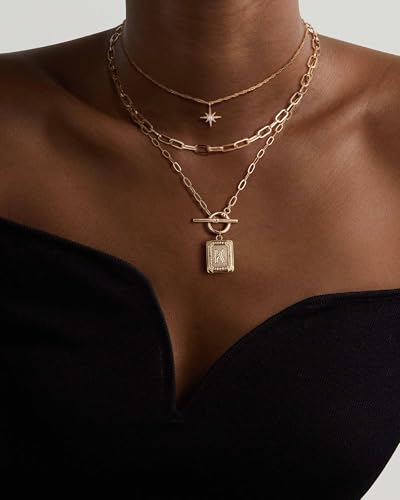MJartoria Layered Initial Necklaces for Women | 14K Gold Plated Brass, Star Choker, Square Letter Pendant, Paperclip Chain - color: Gold, style: K