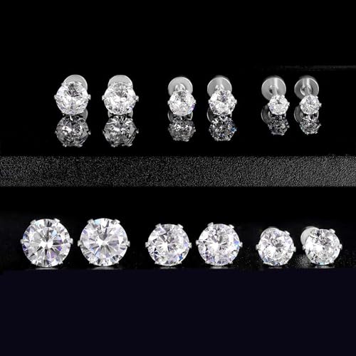 VOLUKA Cubic Zirconia Stainless Steel Screw Flat Back Earring - Hypoallergenic Stud Earrings for Women & Men - 316L Titanium CZ Stud Earrings for Nickel-Free, Trendy & Elegant - color: 6 Pairs- 3-8mm Screw Back -White
