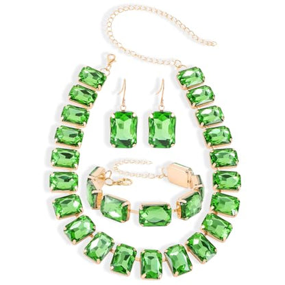 KOSMOS-LI Rectangle Faux Crystal Jewelry Sets Includ Necklace Bracelet Earrings For Women Stocking Stuffers - color: green