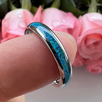 TUTISS 4mm Silver/Black Tungsten Rings for Women Men Engagement Wedding Bands Genuine Blue Green Galaxy Opal Inlay Domed Polished Comfort Fit - color: 4mm Tungsten Blue Opal