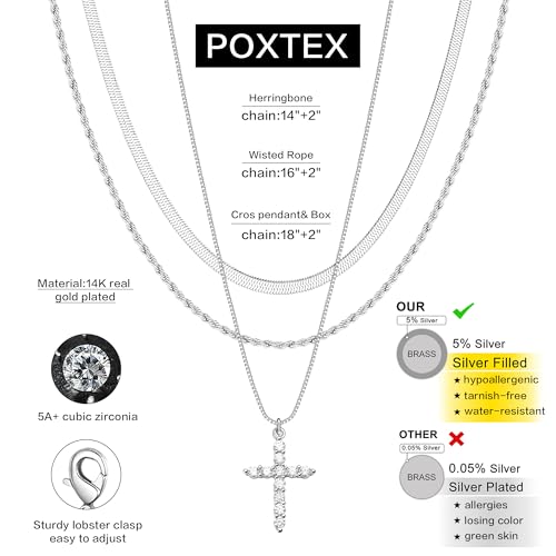 Poxtex Cross Necklace for Women Teen Girls, Dainty 14K Gold Silver Plated Cross Choker Jewelry Non Tarnish Waterproof Cute Simple Small Necklace Christian Baptism Religious Faith Jewelry Gifts - color: 09 Layered cross necklace-silver