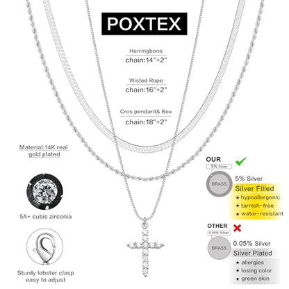 Poxtex Cross Necklace for Women Teen Girls, Dainty 14K Gold Silver Plated Cross Choker Jewelry Non Tarnish Waterproof Cute Simple Small Necklace Christian Baptism Religious Faith Jewelry Gifts - color: 09 Layered cross necklace-silver