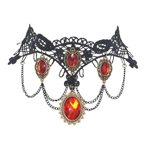 Vintage Lace Skull Choker Necklace for Women Punk Gothic Black Sexy Lace Necklaces Tassel Collar Vampire Statement Choker Necklace Halloween Classic Choker Gifts - color: Red Oval