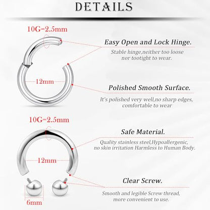 18G-2G Septum Rings 316L Surgical Steel Horseshoe Gauges Earrings Septum Nose Ring Silver Cartilage Helix Tragus Daith Rook Earring Hoop Lip Piercing Jewelry for Women Men - style: 10G(2.5mm)-Dia:12mm
