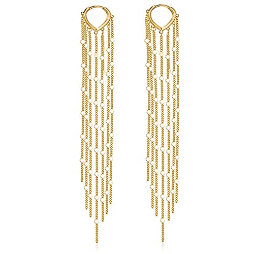 Chic Charm 14k Gold Silver Plated Big Chandelier Tassel Long Chain Geometry Huggie Hoop Dangle Drop Earrings for Women Statement Jewelry Gifts - color: Gold