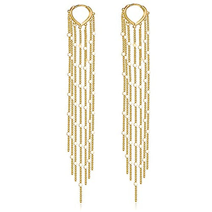 Chic Charm 14k Gold Silver Plated Big Chandelier Tassel Long Chain Geometry Huggie Hoop Dangle Drop Earrings for Women Statement Jewelry Gifts - color: Gold