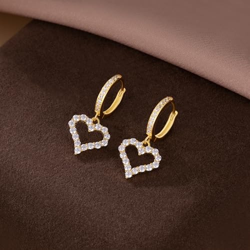SLUYNZ 925 Sterling Silver CZ Sweet Love Hoop Earrings for Women Teens Hollow Heart Huggie Earrings Drop - color: B-Yellow