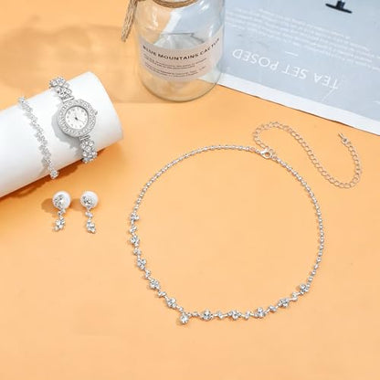 NEWITIN 5 Pieces Crystal Silver Jewelry Set for Women Watch Necklace Bracelet Earrings Bling Cubic Zirconia Wedding Jewelry Sets for Brides Bridesmaid Prom Costume Accessories