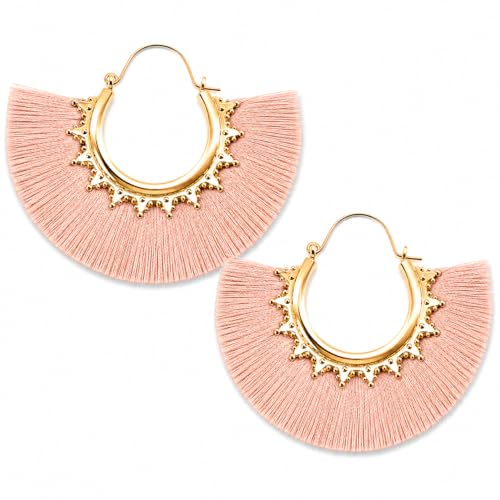 Tassel Hoop Earring Statement Thread Dangle Earrings Stylish Long Fringe Drop Earrings Lightweight Long Swingy French Hook Earrings for Women - color: B Pink