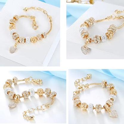2 Pack Charm Bracelets Pink and Gold Heart Silver Plated Charm Bracelet, DIY Jewelry for Women Gifts, with Beads, Crystal, Charms, Love and Adjustable Snake Chain, Fits 7.5"+1.5"