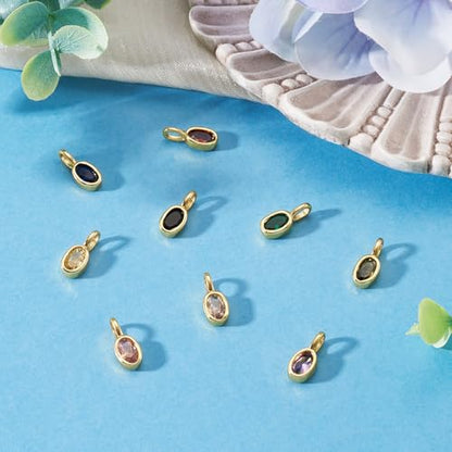 9Pcs Oval Brass Cubic Zirconia Charms Crystal Birthstone Dangle Charms Golden Brass Necklace Pendants for DIY Earring Bracelet Craft Jewelry Making Ornament 12x5x4mm - color: Oval