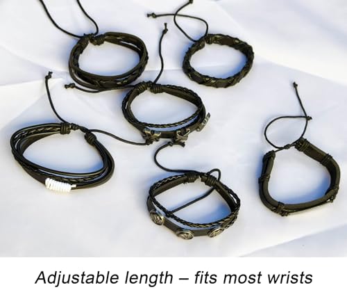 8Pcs Punk Leather Bracelet Set for Men & Women, 6Pcs Braided PU Cuffs, Necklace & Keychain, Adjustable, Stackable - style: Skull