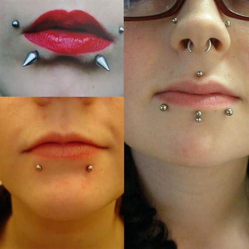 Longita Fake Lip Ring and Nose Piercing Set - Ball Spike, Hoop, Stud, Stick-on Bridge and Eyebrow Ring - Silver, Gold, Black - color: 1-silver