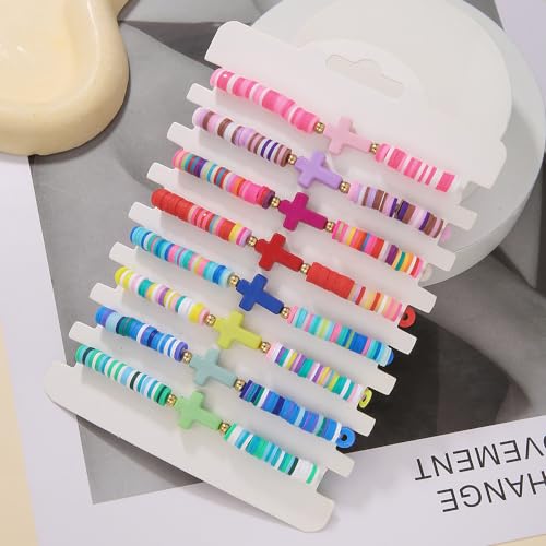 Heishi Surfer Clay Bead Bracelets Set for Women - Preppy Smile Evil Eye Beaded Stretch Bracelets Elastic Layering Friendship Bracelets- Stackable Boho Disc Summer Jewelry Set - color: COLORFUL CROSS