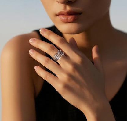 14K Gold Plated Interlocked Stackable Rings for Women Non Tarnish,Gold and Silver Cubic Zirconia Statement Rings Set,Mixed Metals Ring Two-Toned Connected Bands Stacking Jewelry - color: 4*silver rings