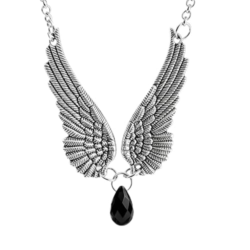 coadipress Vintage Gothic Angel Wing Necklace for Women Antique Silver Teardrop Crystal Pendant Necklace Retro Punk Statement Necklace Halloween Jewelry Gift - color: Silver Black Teardrop