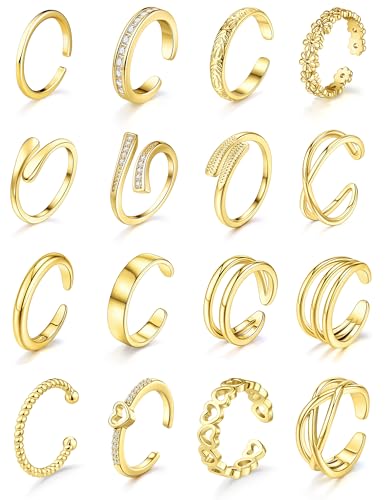 Giovanchi 16Pcs Toe Rings for Women - 14K Gold Filled Non Tarnish | Waterproof Adjustable, Gold Silver Toe Ring, Flower Cz Open Toe Rings Set Foot Jewelry Gifts - color: Gold