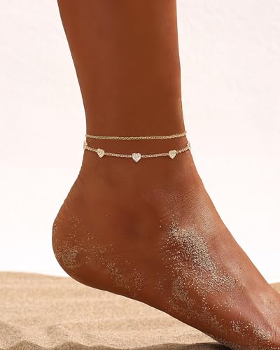 Anklets for Women Waterproof 14K Gold Plated Beach Ankle Bracelets | Dainty Summer Butterfly Clover Anklet Non Tarnish, Heart Bow Anklet, Layered Beach Jewelry, Accessories for Women Trendy - color: Gold 8