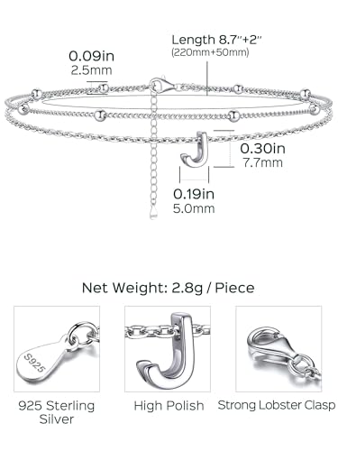 ChicSilver Ankle Bracelets for Women Waterproof, 925 Sterling Silver Initial Anklets for Women, Adjustable Dainty Layered Anklet Beach Jewelry for Women Mom Wife Friend - style: Silver-J