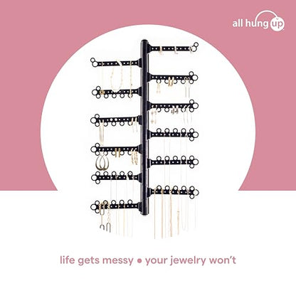12-Tier Hanging Wall Jewelry Organizer, Earring,Necklace,Ring Holder-Black | Large Capacity with 120 Earring Holes, Rotating Branches, genuine 3M Command Strips, Bracelet, Ring & Necklace Storage - color: Black 12-Tier