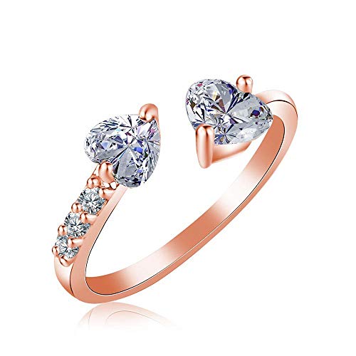 Sliver/Gold Plated Double Heart Eternity Ring Shiny Cubic Zirconia Crystal Engagement Wedding Band Promise Ring Open Adjustable Statement Rings for Women(Rose Gold) - color: rose gold