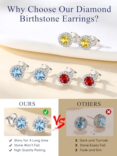 Suplight 925 Sterling Silver Birthstone Stud Earrings for Women, Round/Heart/Teardrop/Square Crystal Diamond Earrings for Women, Dainty Birthday Gifts Jewelry - color: style a-01. round-January (Created Garnet)