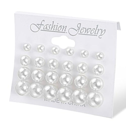 24 Pairs Pearl Studs Earrings for Women, Faux Simulated Pearl Earrings 4 Mixed Sizes Round Ball Pearls Stud Earring Set - color: White