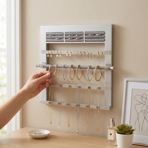 Hives and Honey Tori Wall Hanging Jewelry Rack – Wall-Mounted Organizer with Ring Rolls, Earring Slots, Bracelet Bar & Necklace Hooks, Anti-Tarnish Linen, Silver - color: Silver