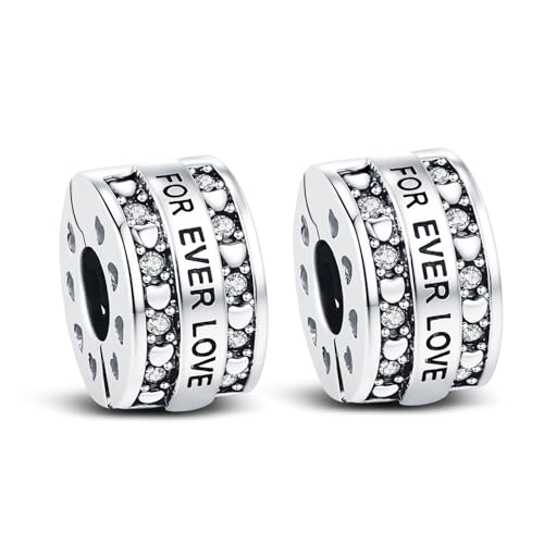 KEQ Clip Spacer Charm for Bracelet 925 Silver Pave Cubic Zirconia Clip Lock Stopper Bead Spacer For Women Bracelets Stopper Birthday Gifts European Openable Beads 2pcs - color: LOVE FOREVER