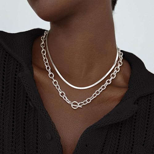 CHESKY 14K Gold Plated Chunky Necklace for Women, Trendy Toggle Clasp | Statement Pendant Necklace, Layered Paperclip Chain, Toggle Clasp Design, Thick Gold Chain, Non Tarnish Everyday Jewelry - color: silver, style: paperclip+herringbone
