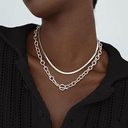 CHESKY 14K Gold Plated Chunky Necklace for Women, Trendy Toggle Clasp | Statement Pendant Necklace, Layered Paperclip Chain, Toggle Clasp Design, Thick Gold Chain, Non Tarnish Everyday Jewelry - color: silver, style: paperclip+herringbone