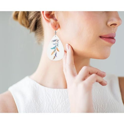 Beautiful Feathers Fashion Faux Leather Earrings Watercolor Boho Ethnic Bird Feathers Wedding Teardrop Earrings Jewelry For Women Friends Bridal - color: Beautiful Feathers