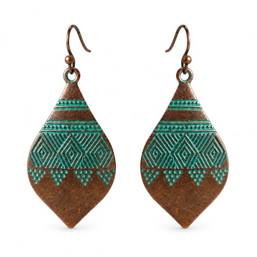 Vintage Boho Teardrop Earrings for Women, Retro Bronze Turquoise Engraved Flower Dangle Earrings, Bohemian Ethnic Tribal Jewelry for Holiday, Beach, Daily Wear, Gift for He - color: Copper Turquoise