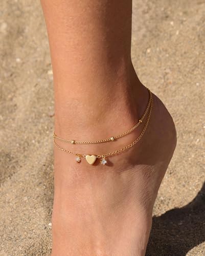 Gold/Silver Anklets for Women，Dainty 14K Gold Plated Waterproof Beaded Ankle Bracelet Non Tarnish Stackable Beach Jewelry Gift - style: 2pc-gold