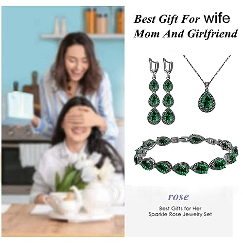 LMXXVJ Necklace Long Earrings Bracelet Set, White Gold Plated Created Blue Sapphire Jewelry Set Wedding Party Gift Jewelry for Women Bridal Bridesmaid - color: Black Gun-Green